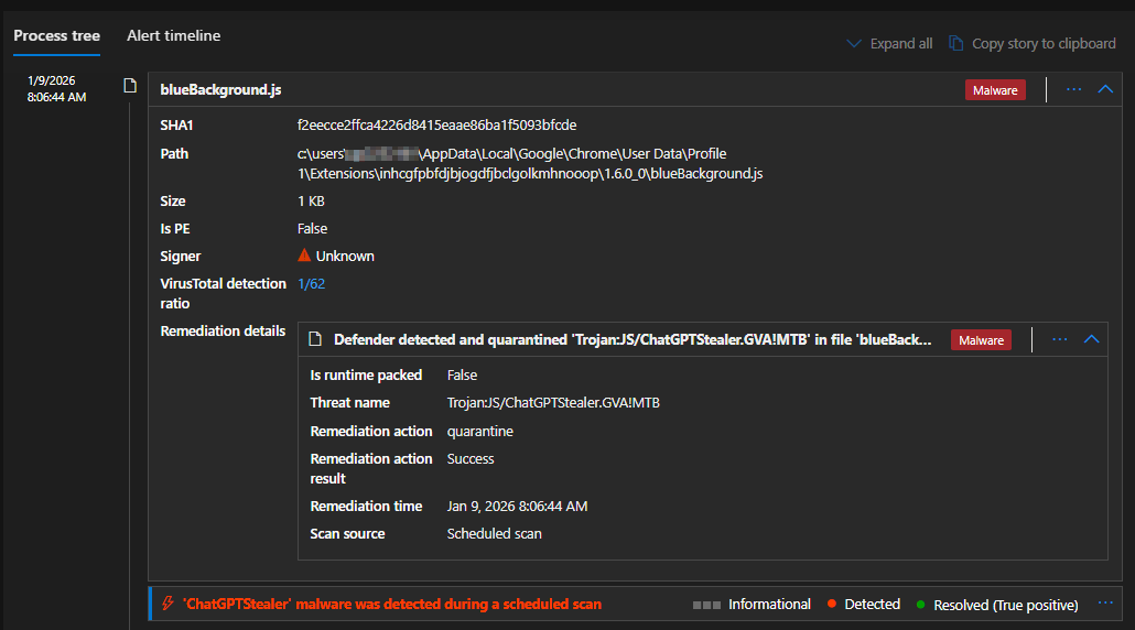 Microsoft Defender detection of blueBackground.js - Trojan:JS/ChatGPTStealer.GVA!MTB