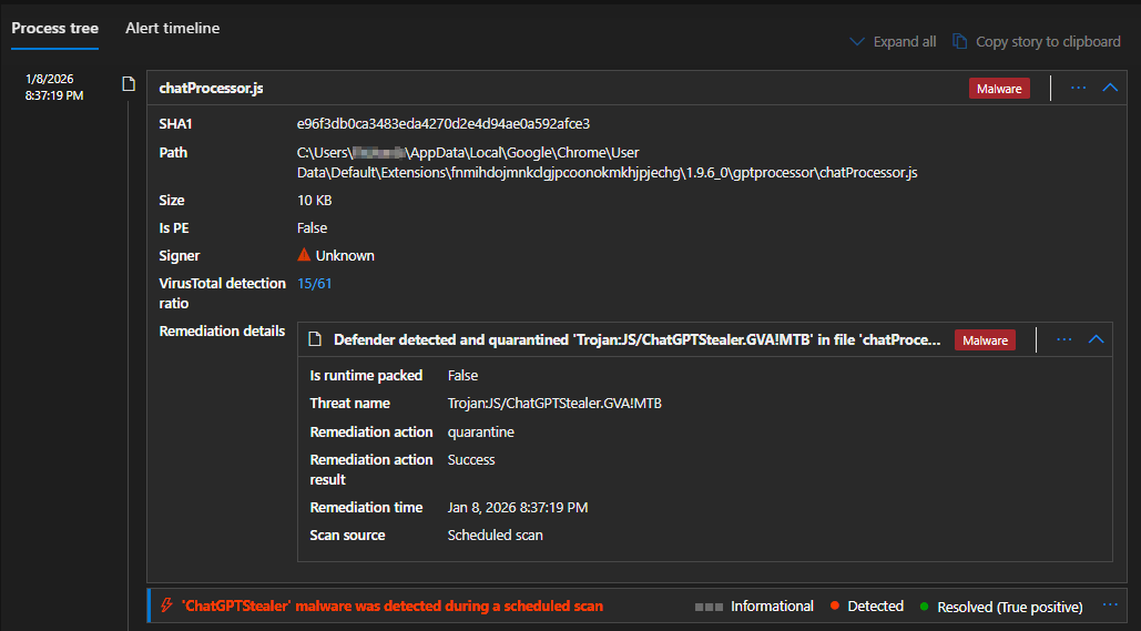 Microsoft Defender detection of chatProcessor.js - Trojan:JS/ChatGPTStealer.GVA!MTB