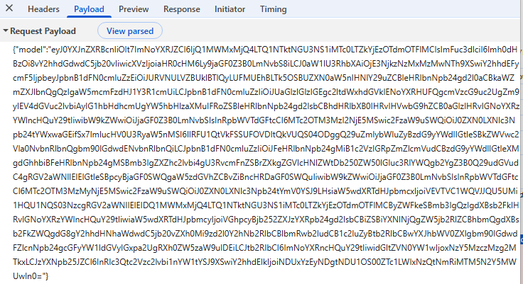Browser DevTools showing base64-encoded payload in network request