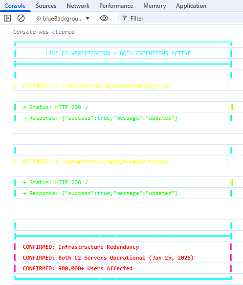Console showing both C2 servers verified active with infrastructure redundancy confirmed