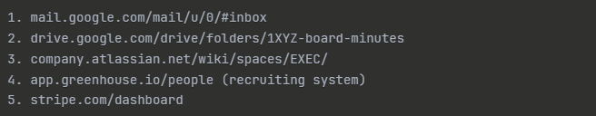Browsing history revealing access to email, board documents, executive wiki, recruiting, Stripe