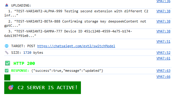 Browser console showing successful C2 upload and C2 SERVER IS ACTIVE message
