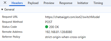 DevTools network headers showing 200 OK response from chatsaigpt.com