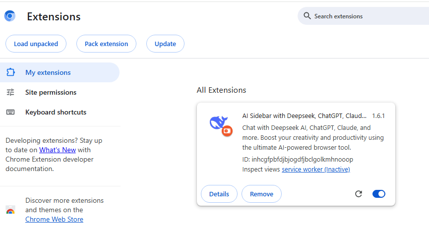 Chrome Extensions page showing malicious AI Sidebar extension installed