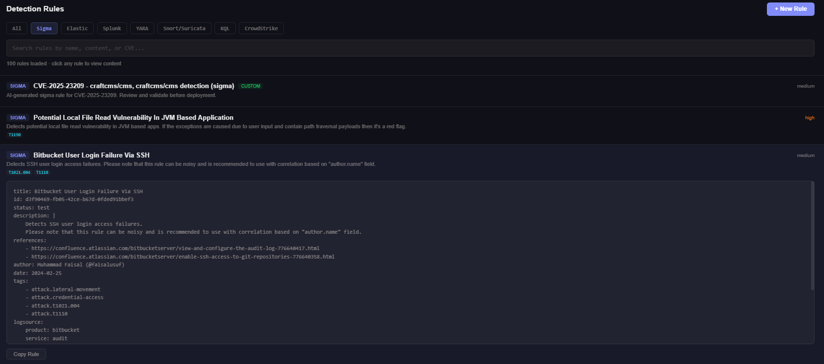 Kataris detection rules across Sigma, Elastic, Splunk, YARA, KQL and CrowdStrike.